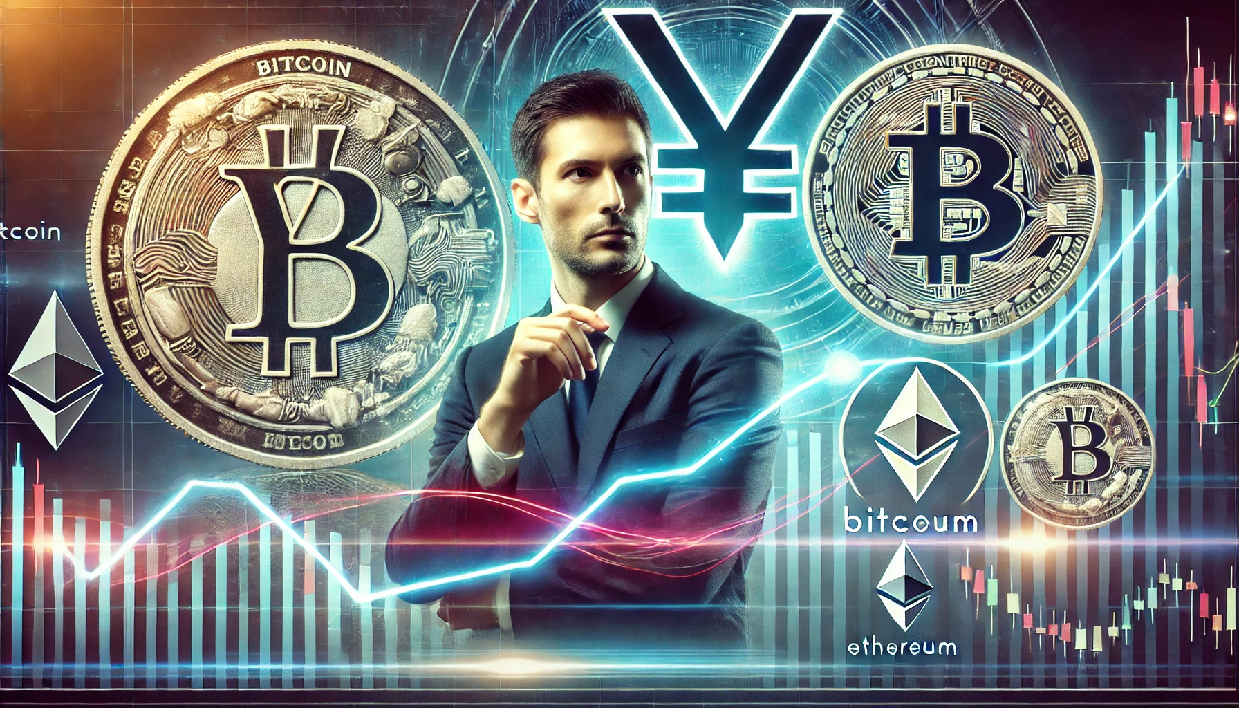 depicting a financial expert giving an analysis on the relationship between the Japanese yen Bitcoin and Ethereum The background