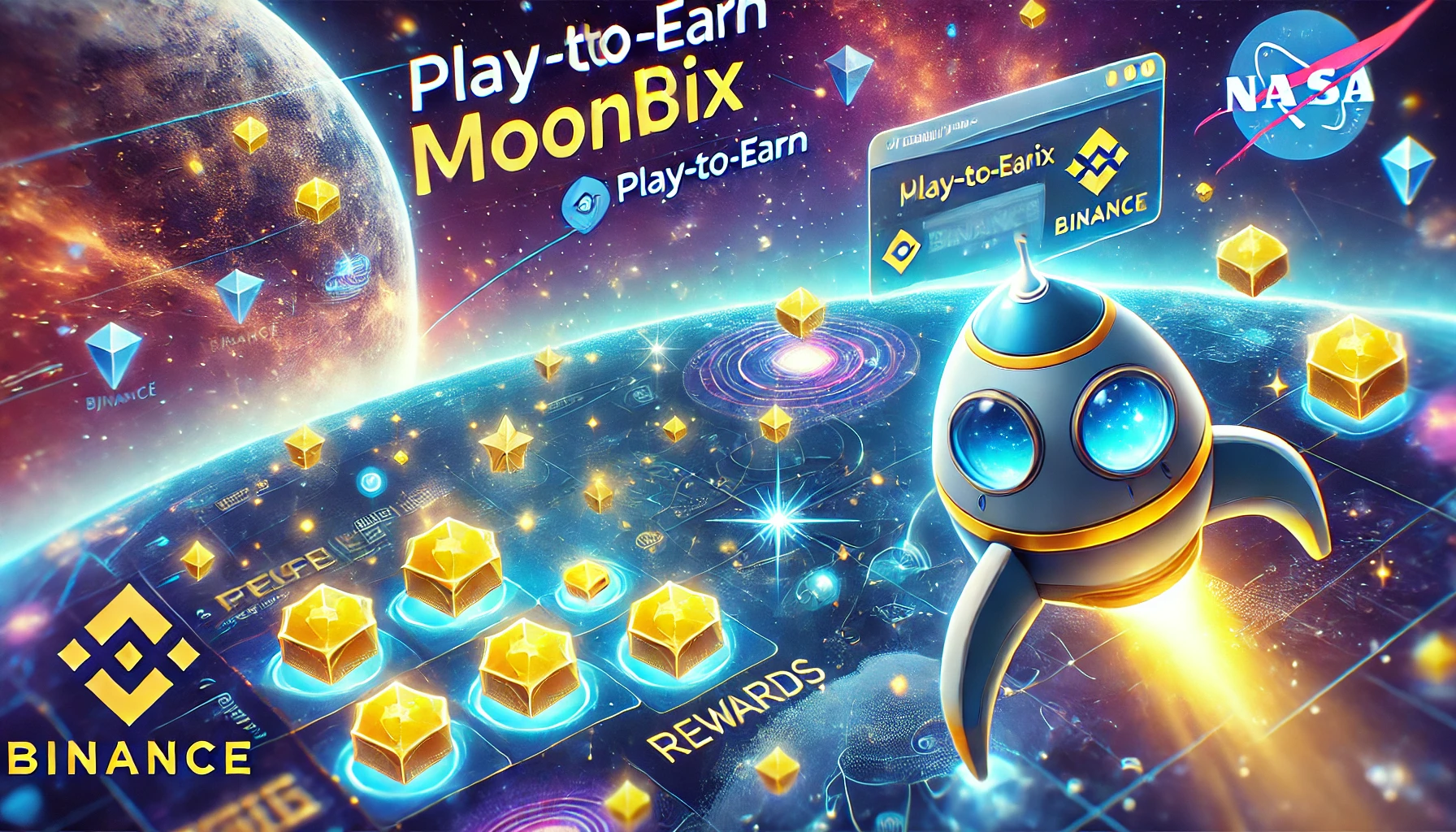 digital scene showcasing a spaceship collecting yellow stones symbolizing the new play to earn game Moonbix by Binance