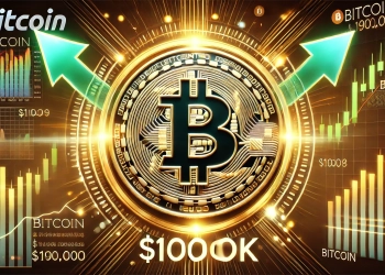 emphasizing Bitcoins target of 100000. The image features the Bitcoin logo with a clear digital chart showing the