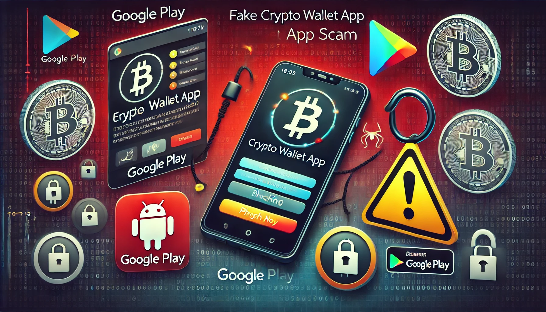 fake crypto wallet app scam related to Google Play The image should feature elements like a smartphone showing a cryptocurre