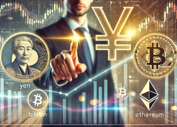 featuring a financial expert discussing the Japanese yen Bitcoin and Ethereum The scene shows a modern financial chart with movi