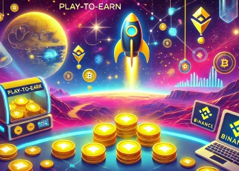 featuring a spaceship collecting glowing yellow stones in a space environment representing the play to earn game Moonbix