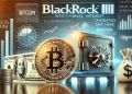 featuring the BlackRock logo and Bitcoin symbol prominently In the background subtle elements like digital charts U