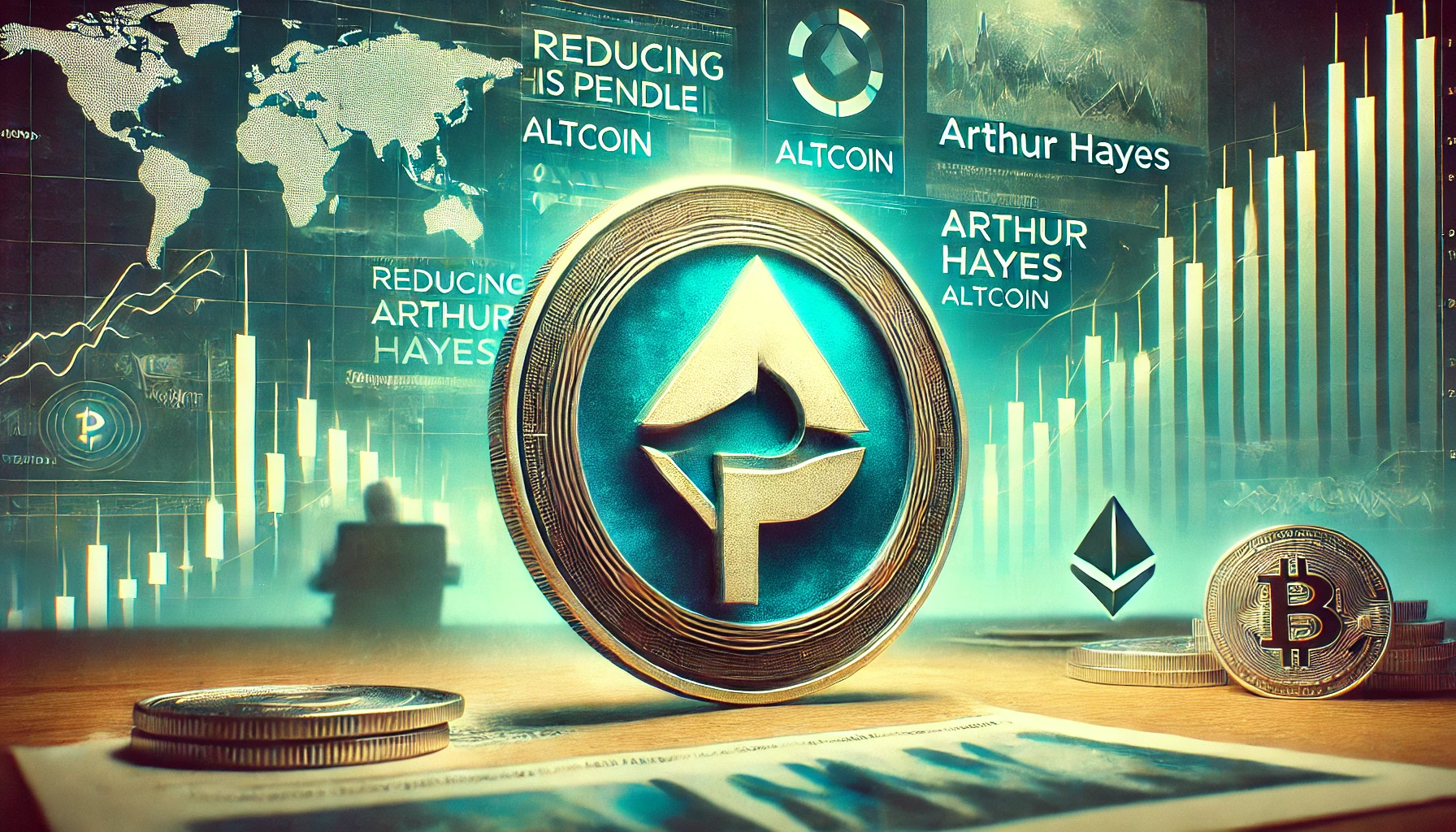 featuring the PENDLE altcoin symbol prominently with elements showing market movement including charts and trading activity The b