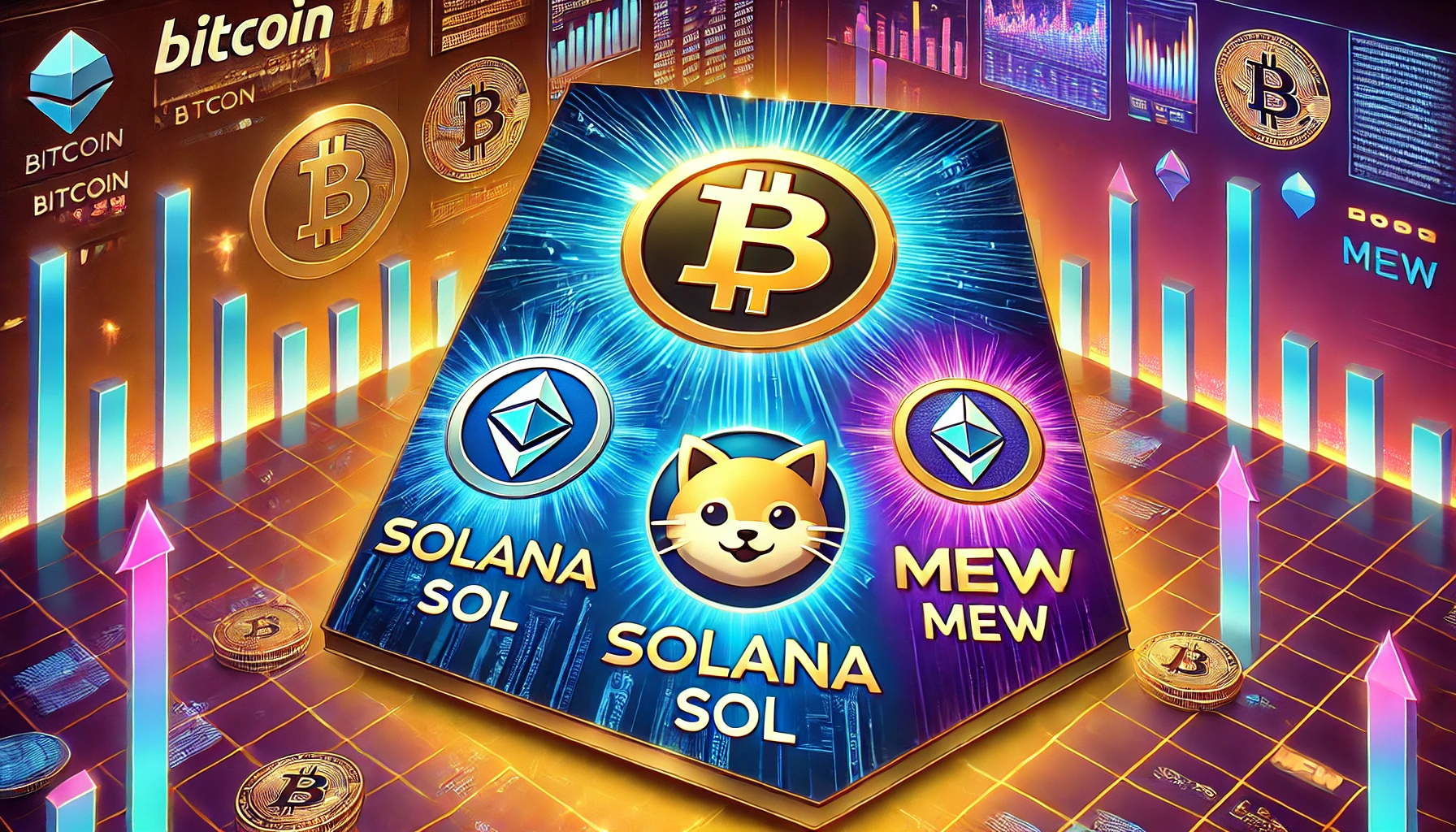 featuring three trending cryptocurrencies Bitcoin Solana and Cat in a Dogs World Display the logos of these crypt