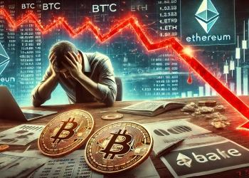 financial loss in the cryptocurrency market with a large red graph dropping sharply Bitcoin BTC and Ethereum