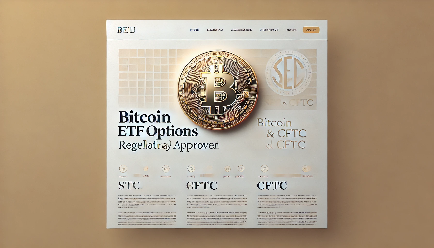 focused on Bitcoin ETF options and regulatory approval The design features a large Bitcoin symbol in the ce