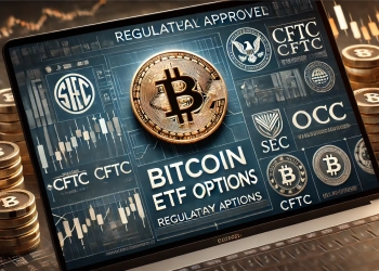 focused on Bitcoin ETF options highlighting regulatory approval The design should feature a prominent Bitcoin symbol alongside