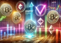 focused on the concept of multiple altcoin listings on various cryptocurrency exchanges The scene includes exchange symbols digita