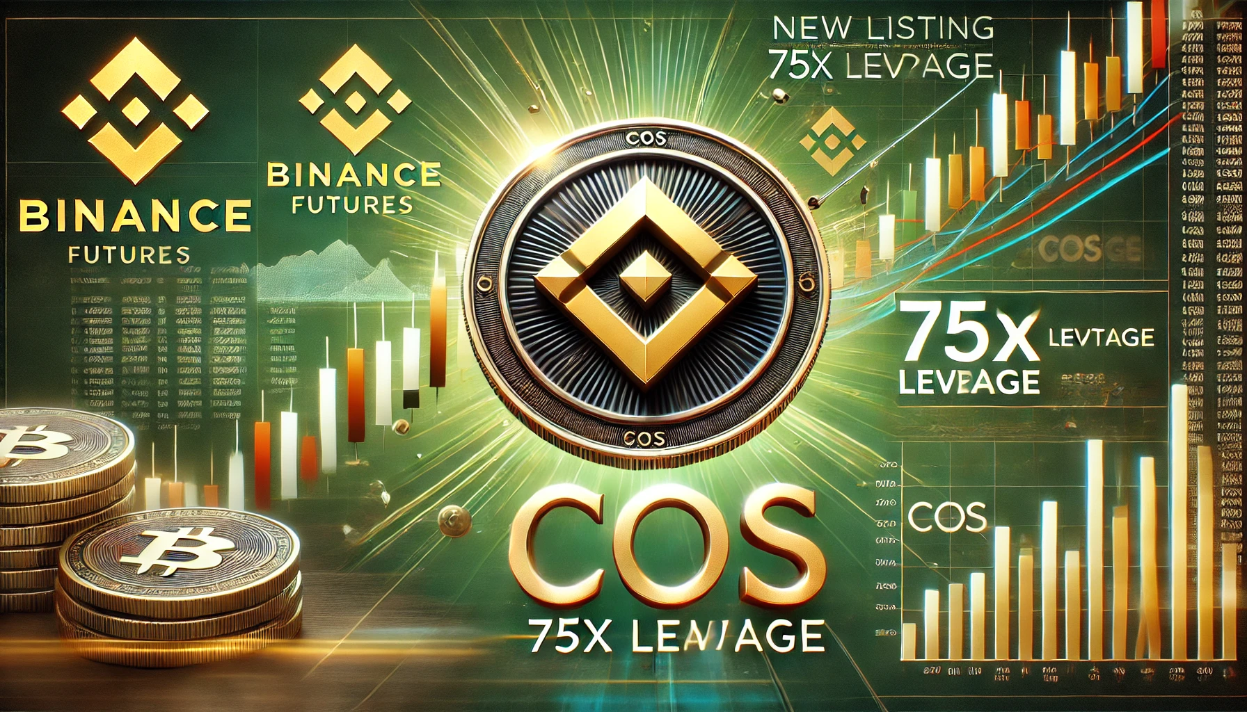 focusing on Binances new listing of COS on its futures platform with 75x leverage The design features the Binance logo pro