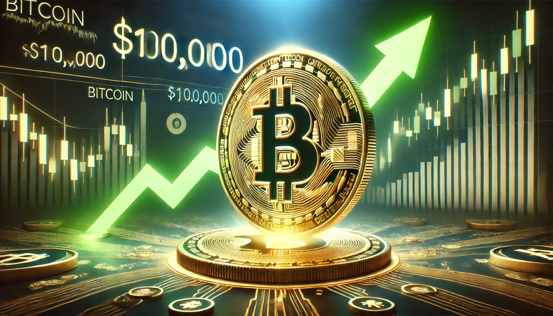 focusing on Bitcoins potential rise to 100000 The scene features a large glowing Bitcoin symbol in the center with gre