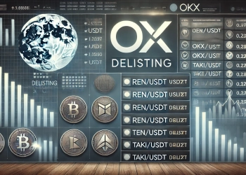 focusing on OKXs delisting announcement of several altcoin trading pairs The design features the OKX logo prominently disp