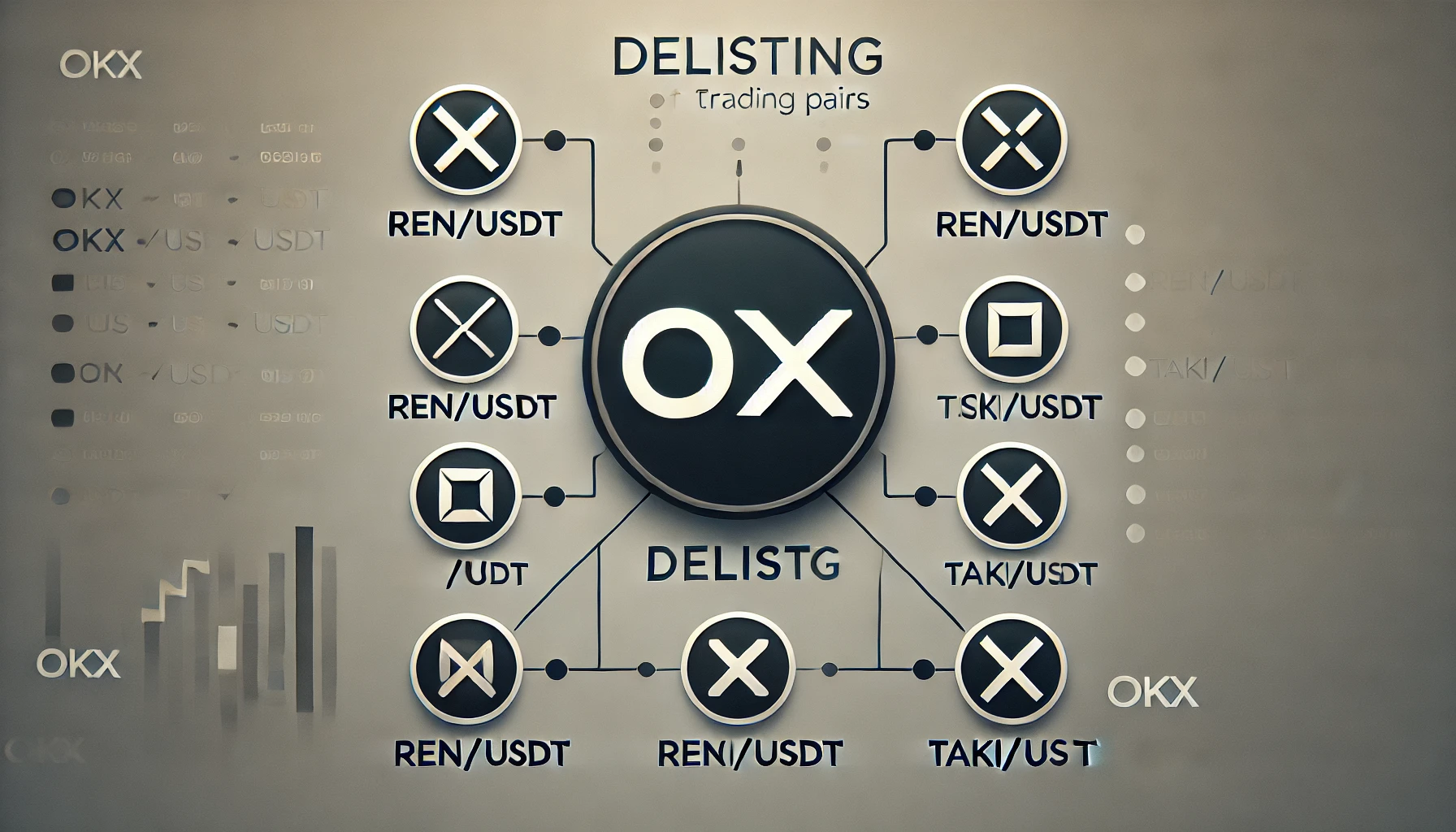 focusing on OKXs delisting of altcoin trading pairs The design features the OKX logo prominently in the center with a c