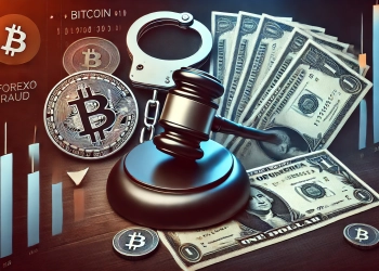 for a news article about a crypto and forex fraud case The image should feature handcuffs or a gavel to symbolize legal a