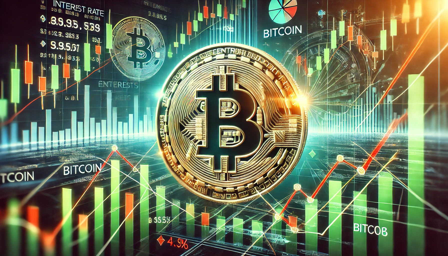 futuristic financial scene featuring the Bitcoin symbol prominently with market charts showing both upward peaks and potential drops Th