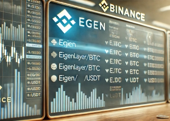 highlighting Binances listing of the EigenLayer EIGEN token The design features a list or ticker board prominently showi