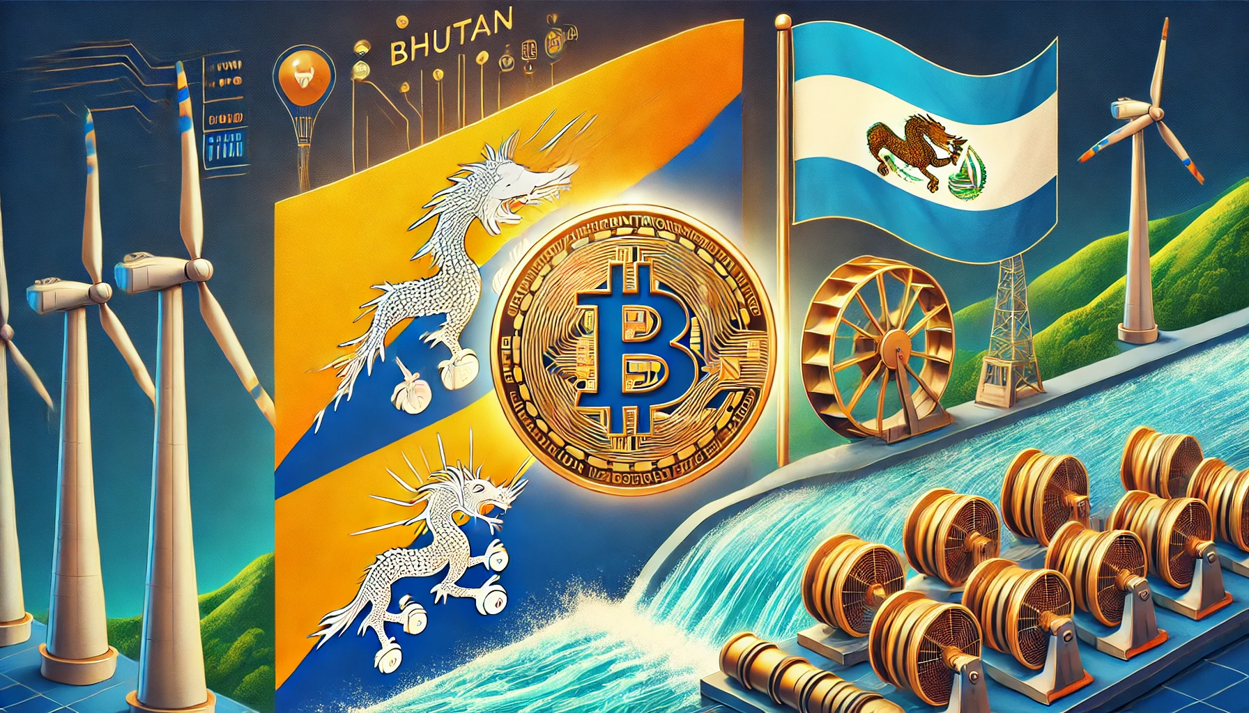 illustrating Bhutans surprising rise in Bitcoin holdings with a prominent Bitcoin logo and the flags of Bhutan and El Salvador Includ