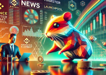 launch of Hamster Kombat HMSTR on Binance Launchpool. The image should depict abstract elements of cryptoc