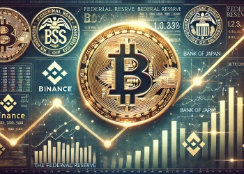 news article about Bitcoins rise amid Fed rate cuts and new Binance listings The image should feature a promine