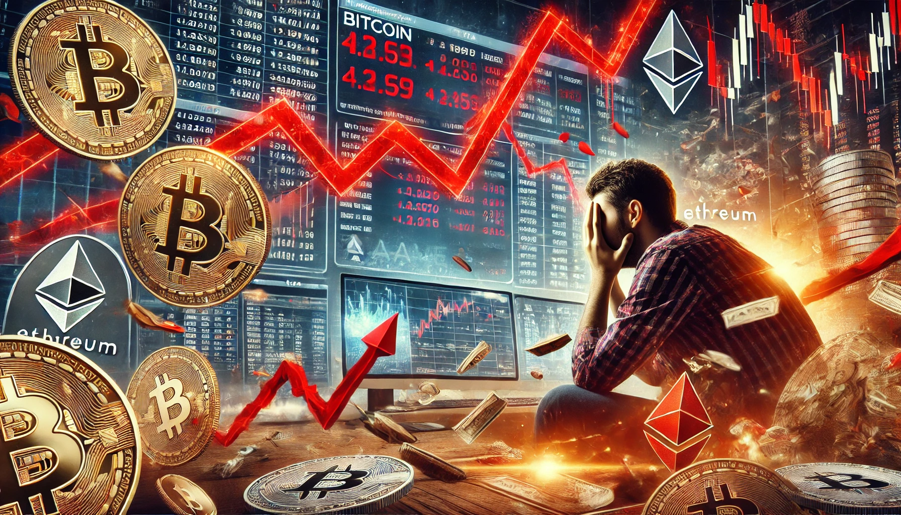 of cryptocurrency trading showing a dramatic financial loss with red charts falling and Bitcoin BTC