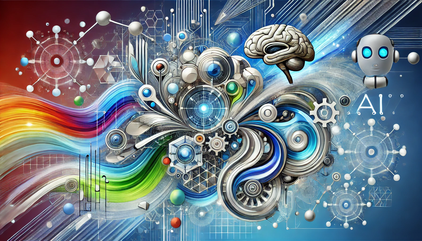 representation of AI and robotics featuring dynamic shapes and futuristic designs The image uses bright metallic colors like silver blu