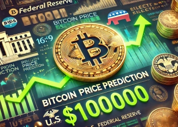 representing Bitcoins predicted price surge to 100000 The background features a rising Bitcoin symbol in gold set agai