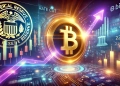 representing Bitcoins rise following a Federal Reserve rate cut The scene includes a glowing Bitcoin symbol in the center