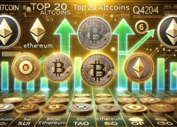 representing Grayscales announcement of top 20 altcoins for Q4 2024. The image features prominent logos of Bit