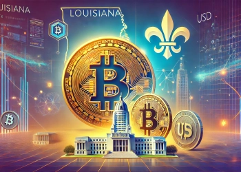 representing Louisianas acceptance of Bitcoin payments The scene features a large Bitcoin symbol along with the Louisiana