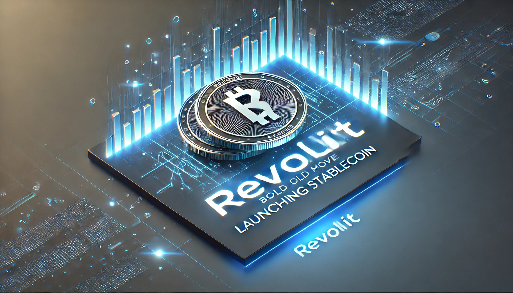 representing Revoluts entry into the cryptocurrency market with a stablecoin The background features a glowing financial g