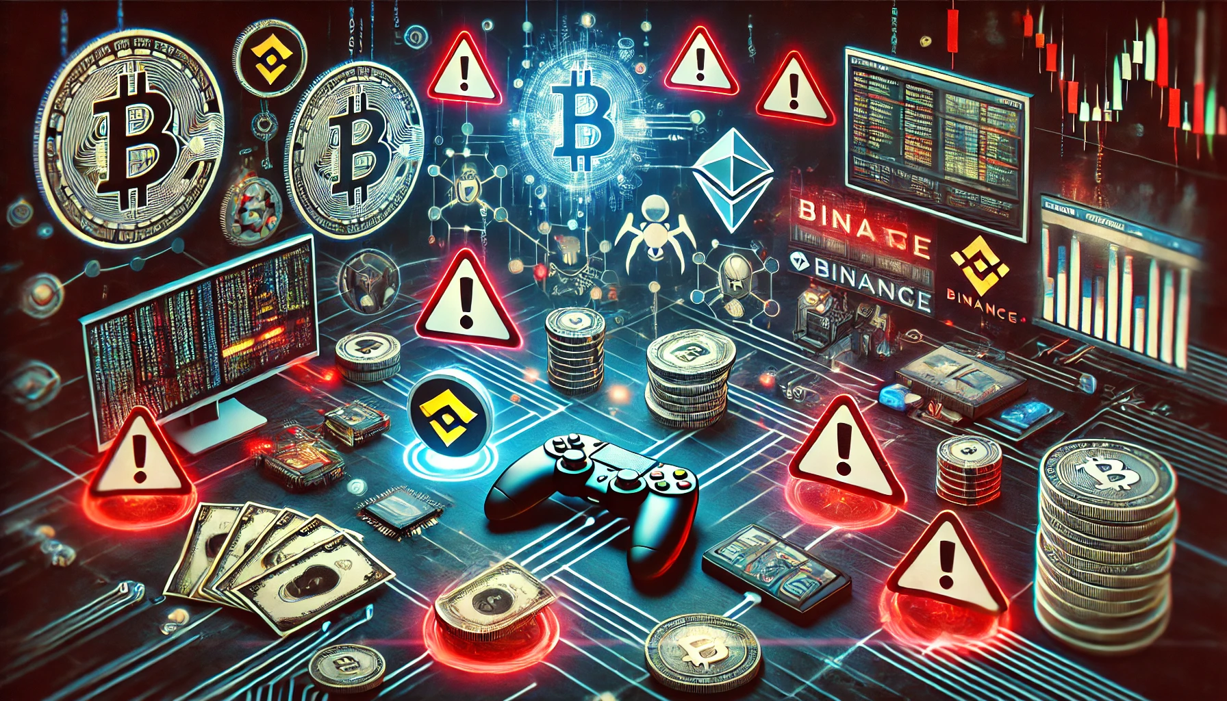 representing a 47 6 million gaming scam uncovered by Binance Show digital elements like cryptocurrency symbols and gaming app i