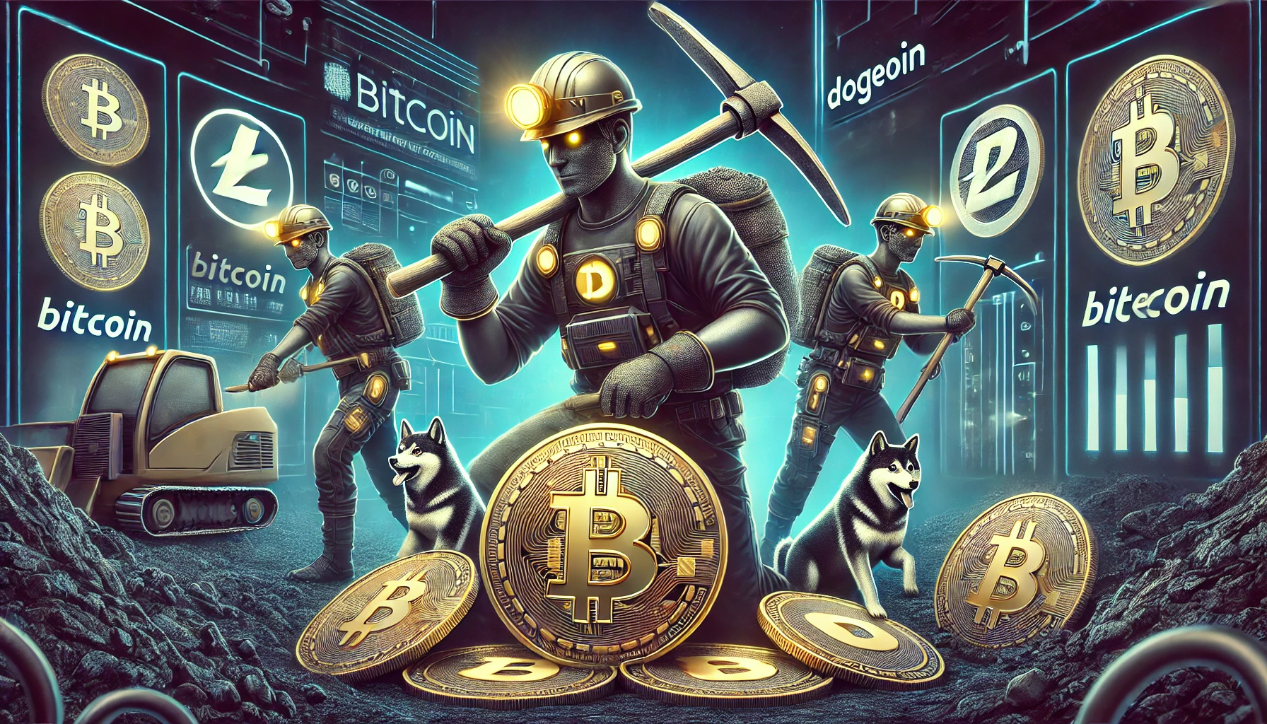 representing cryptocurrency mining for Bitcoin Litecoin Dogecoin and Bitcoin Cash Show digital miners holding onto coins inst