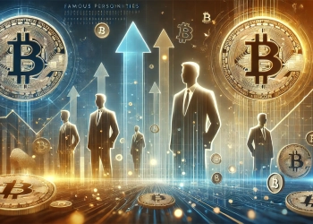 representing famous personalities investing in Bitcoin The image features a modern futuristic design with subtle Bitcoin symbo