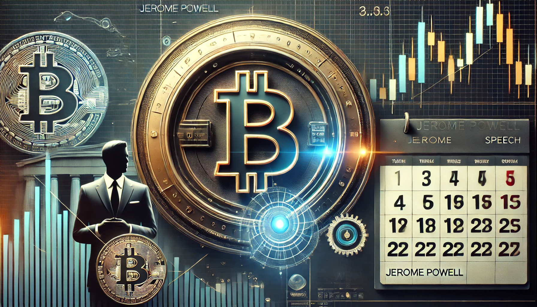 representing the anticipation around Bitcoin and Jerome Powells upcoming speech The design features a prominent Bitcoin sy