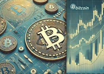 representing the lack of explosive growth in Bitcoin prices Show a Bitcoin logo with a stock chart in the background that is flat or sh