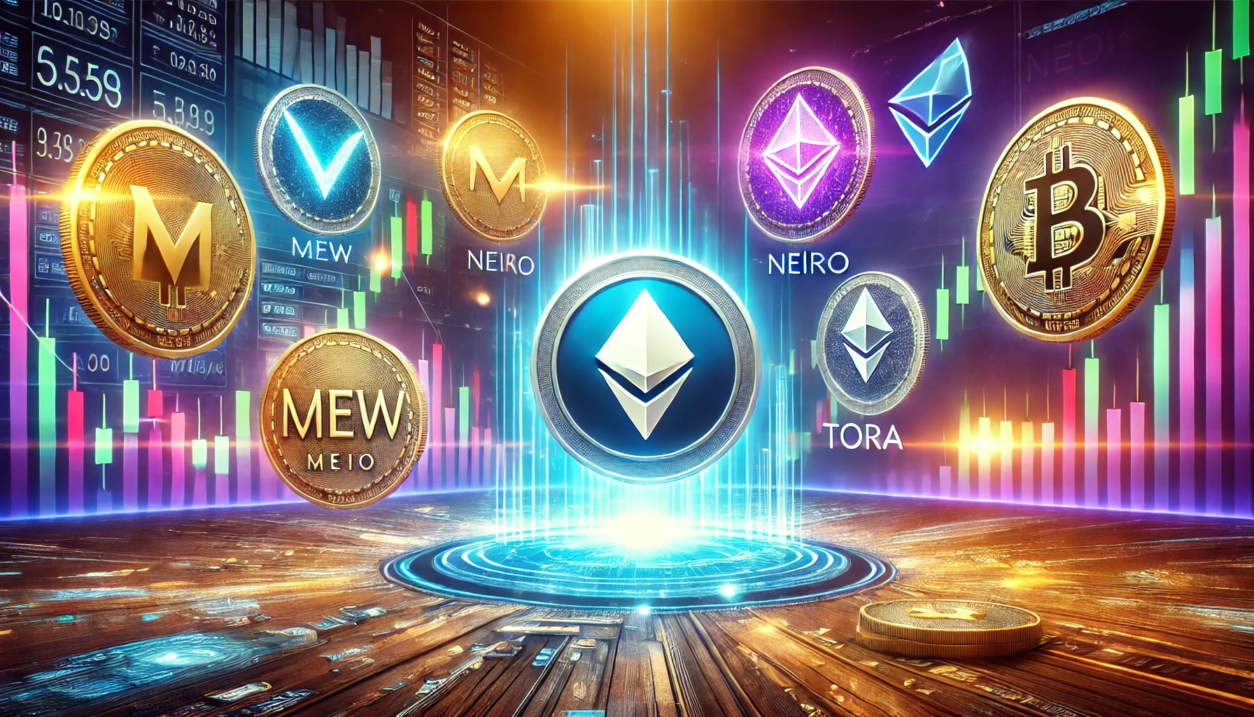 representing the listing of multiple altcoins across various crypto exchanges The scene includes altcoin symbols like MEW