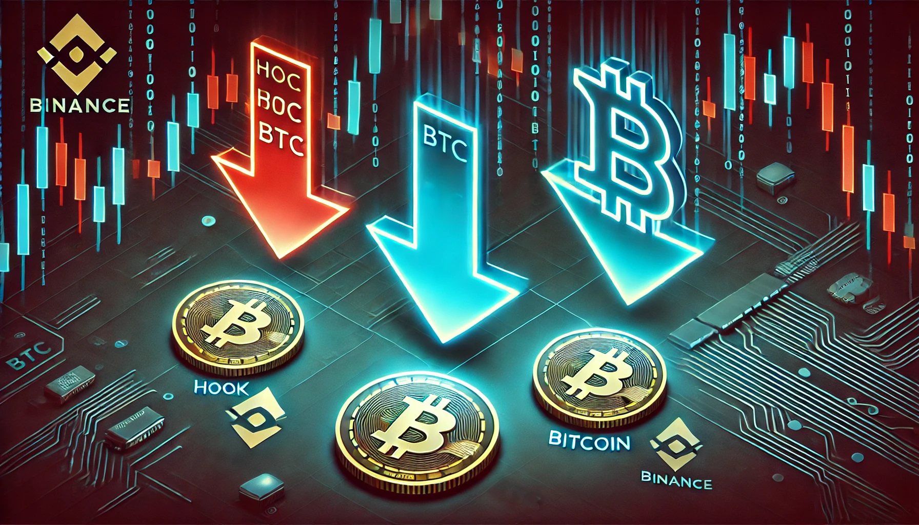 representing the removal of cryptocurrency trading pairs from an exchange Show symbols for HOOK PDA and Bitcoin with downw