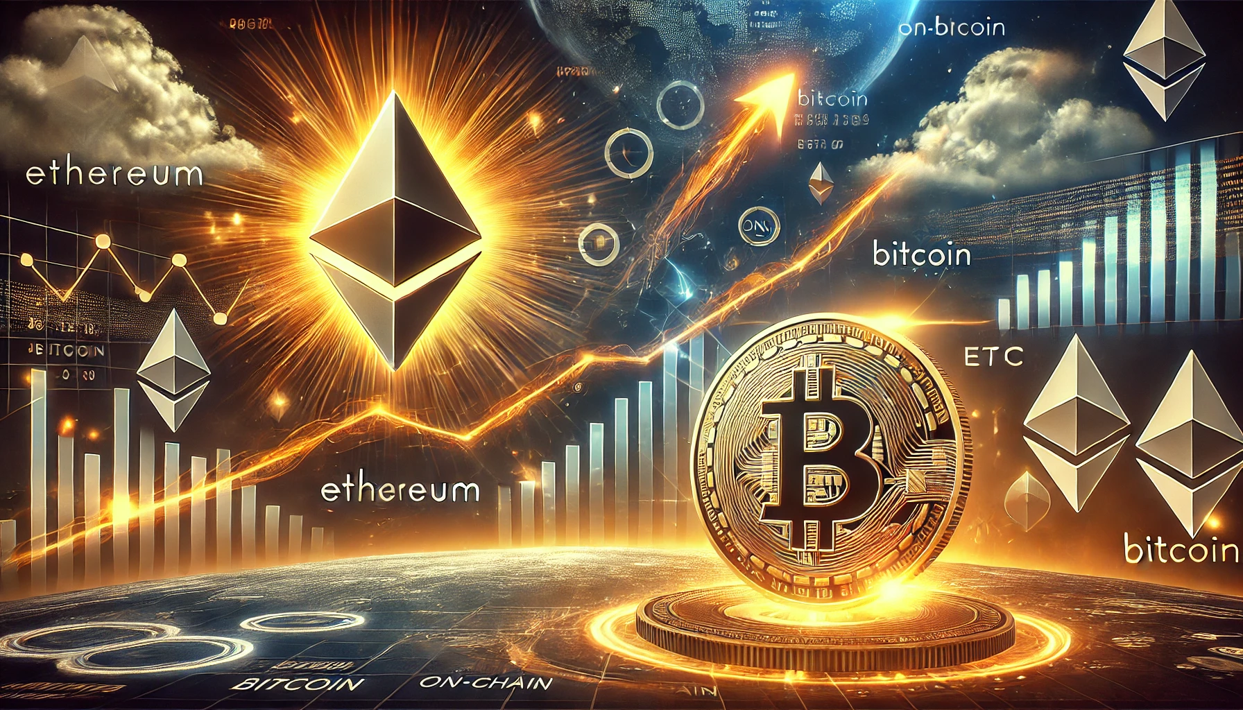 representing the rivalry between Ethereum ETH and Bitcoin BTC Ethereum is depicted as rising with glowing lines a