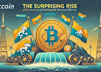 representing the surprising rise of Bhutan in the list of countries holding the most Bitcoin Show the Bitcoin logo prominently with fla