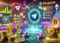 scene featuring a Telegram game interface integrated with a blockchain network Prominent CATI tokens circulate in the backgroun