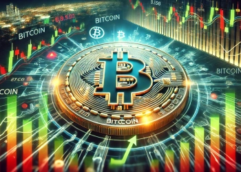 scene focusing on Bitcoin price volatility with the Bitcoin symbol at the center The background features market charts showin