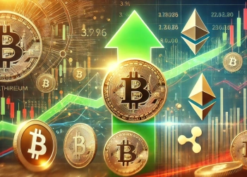 scene focusing on Bitcoins 3 rise amidst a volatile cryptocurrency market Bitcoin is shown with a bright green upward arrow wh