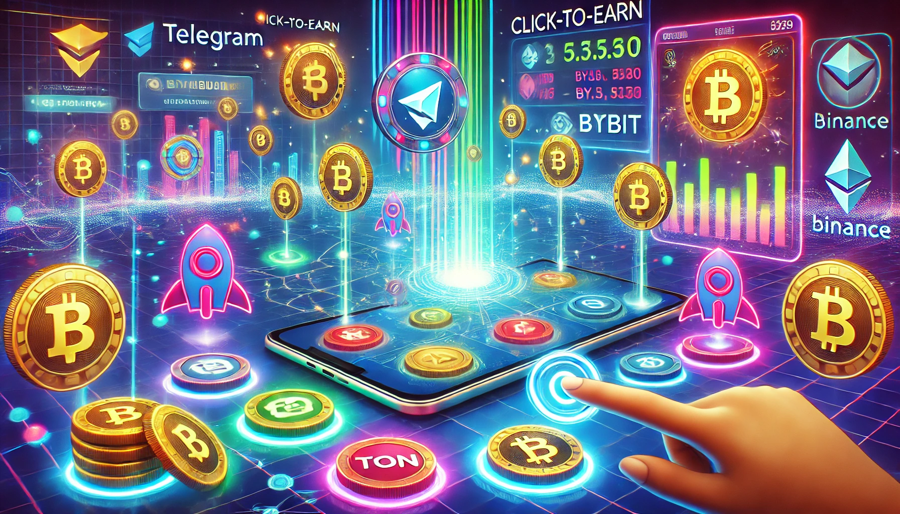 showcasing a Telegram based blockchain game with interactive elements In the background a glowing blockchain network flo