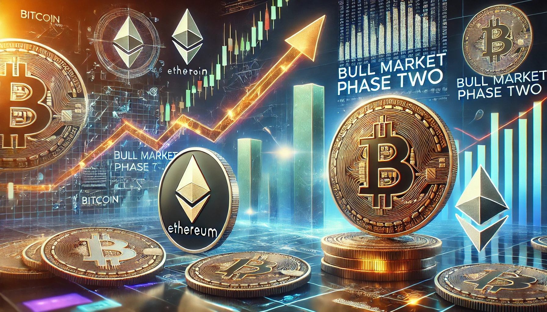 showcasing the bull market phase two with a focus on Bitcoin Ethereum and Solana The image features charts with upwar