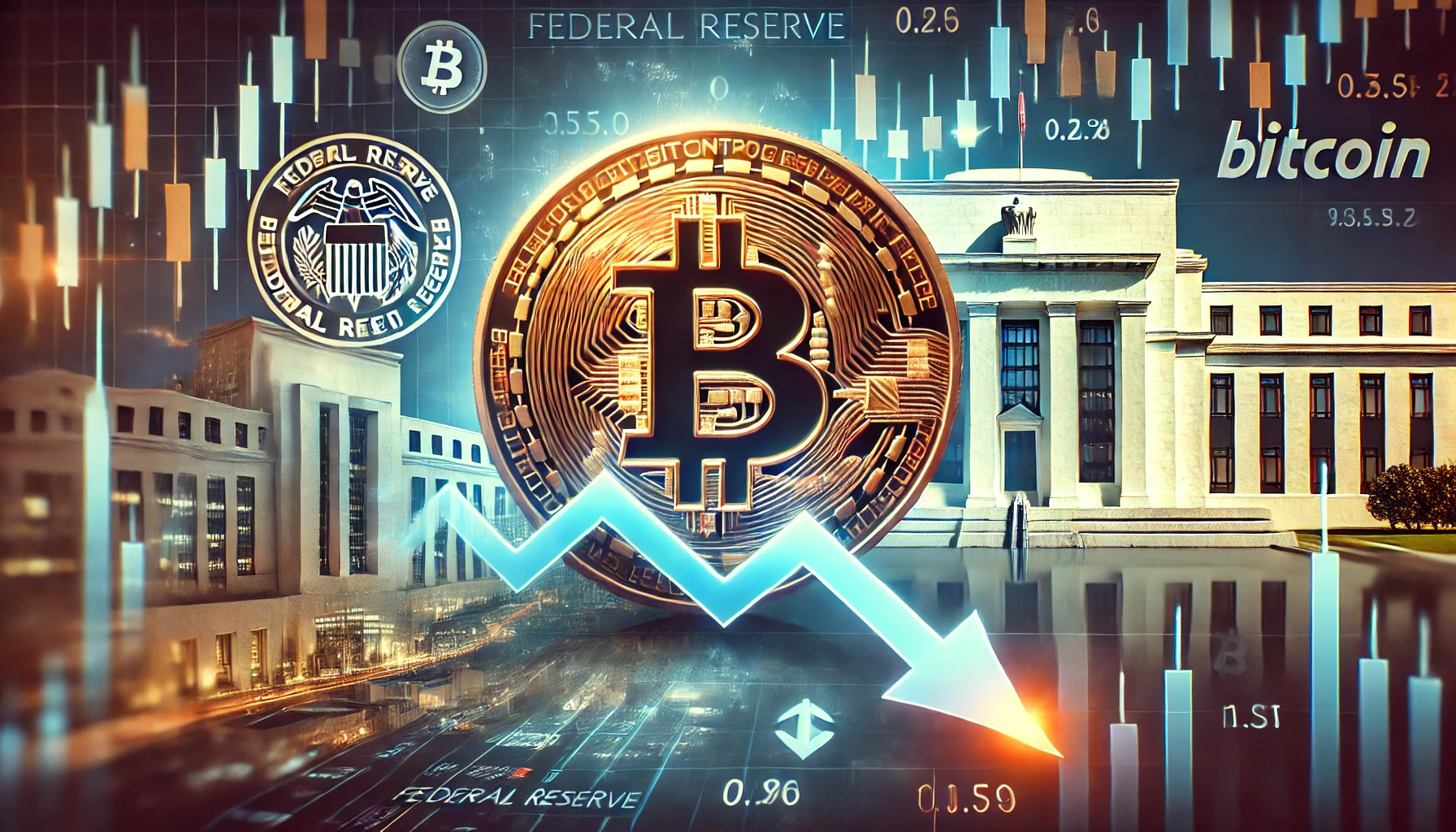 showing Bitcoin facing potential risks due to an interest rate cut by the Federal Reserve The image should featur