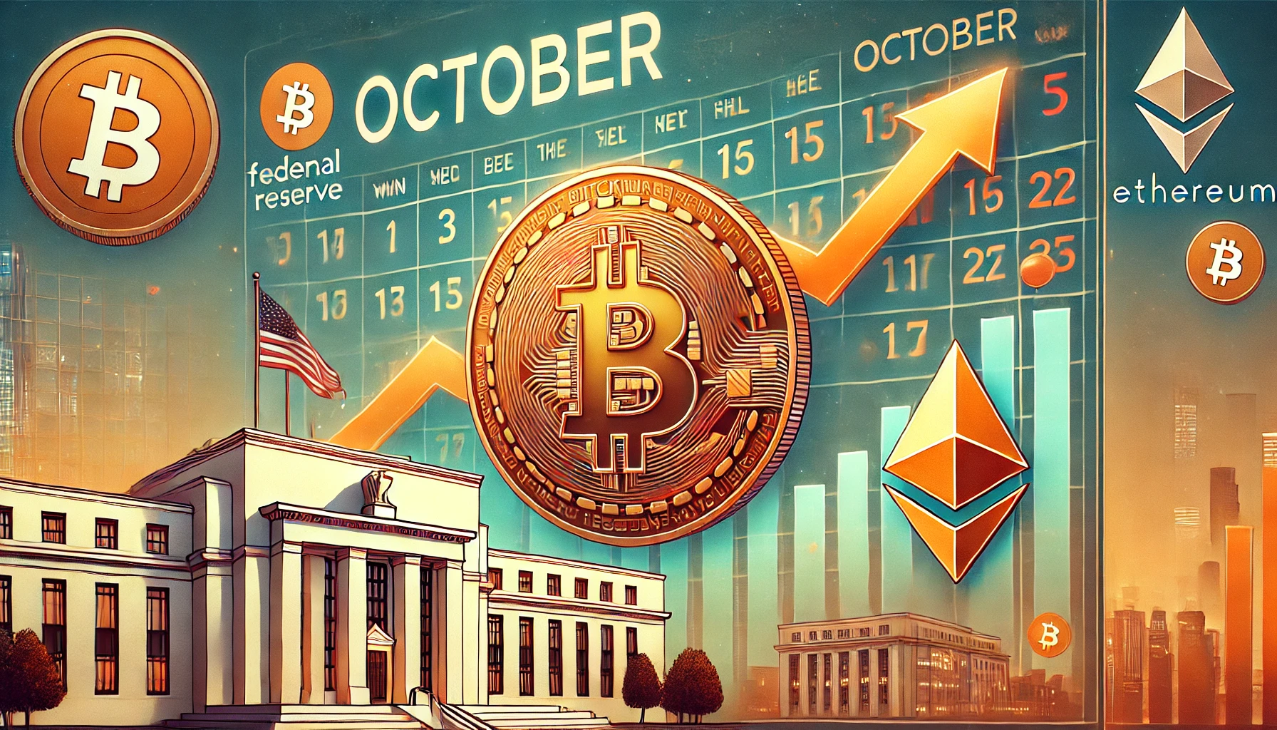 showing Bitcoin prominently rising with a bullish trend A digital chart indicates an upward movement with October marked on the c