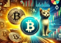 showing three trending cryptocurrencies Bitcoin BTC Solana SOL and Cat in a Dogs World MEW Display the logos of these cryptoc