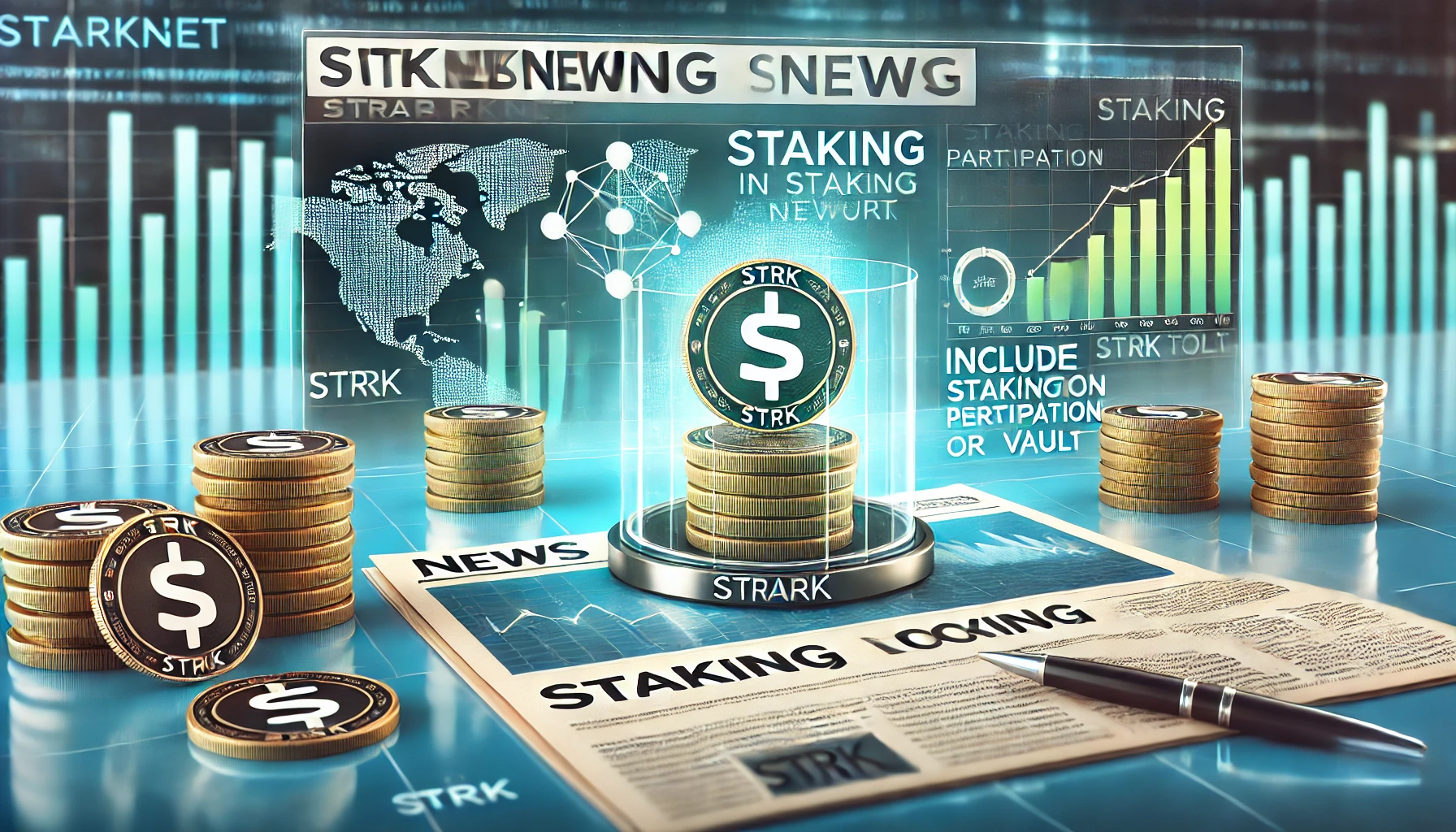 staking in the Starknet network. The image should emphasize the staking process with coins bein