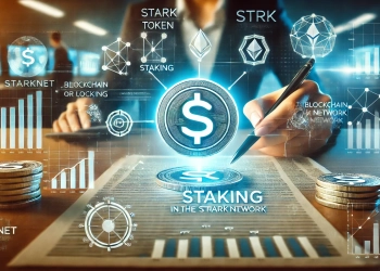 staking in the Starknet network. The image should feature elements related to cryptocurrency staking inclu