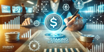 staking in the Starknet network. The image should feature elements related to cryptocurrency staking inclu